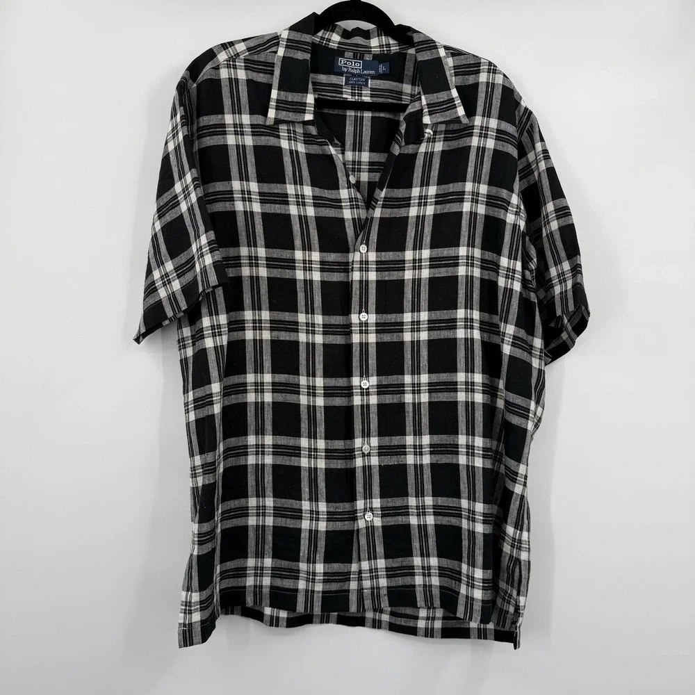 Polo Ralph Lauren Shirt Mens Large Black Plaid Clayton Camp Loop Linen